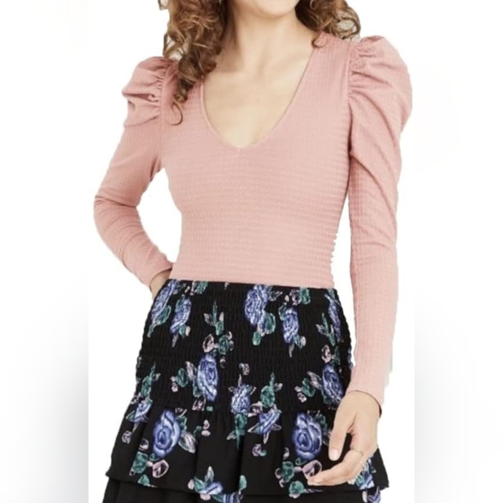 Wild Fable Mauve Puff Sleeve Deep V Bodysuit